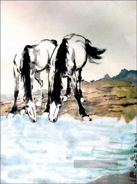  trinken Kunst - Xu Beihong Pferde trinken Wasser alte China Tinte